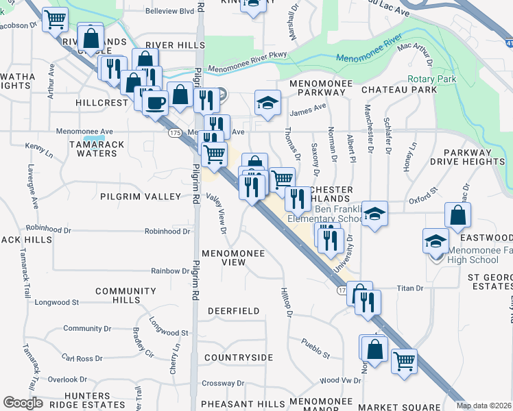 map of restaurants, bars, coffee shops, grocery stores, and more near Wisconsin 175 in Menomonee Falls