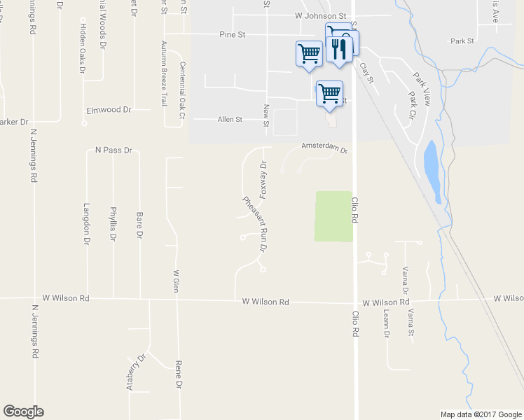map of restaurants, bars, coffee shops, grocery stores, and more near 11248 Pheasant Run Drive in Clio