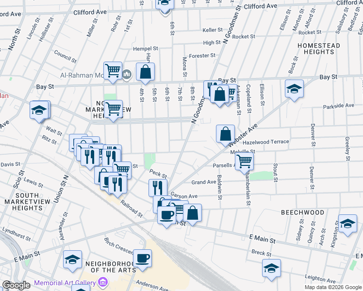 map of restaurants, bars, coffee shops, grocery stores, and more near 29 Short Street in Rochester
