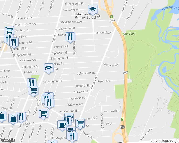 map of restaurants, bars, coffee shops, grocery stores, and more near 178 Colebourne Road in Rochester