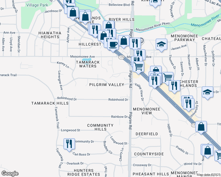 map of restaurants, bars, coffee shops, grocery stores, and more near N82W15833 Valley View Drive in Menomonee Falls