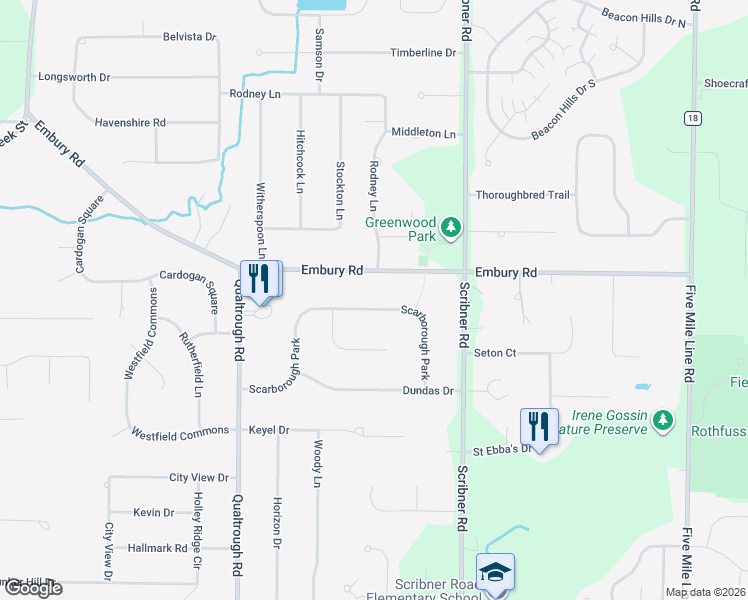 map of restaurants, bars, coffee shops, grocery stores, and more near 36 Scarborough Park in Rochester