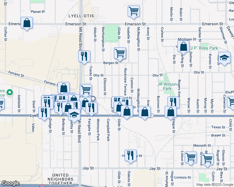 map of restaurants, bars, coffee shops, grocery stores, and more near 771 Glide Street in Rochester