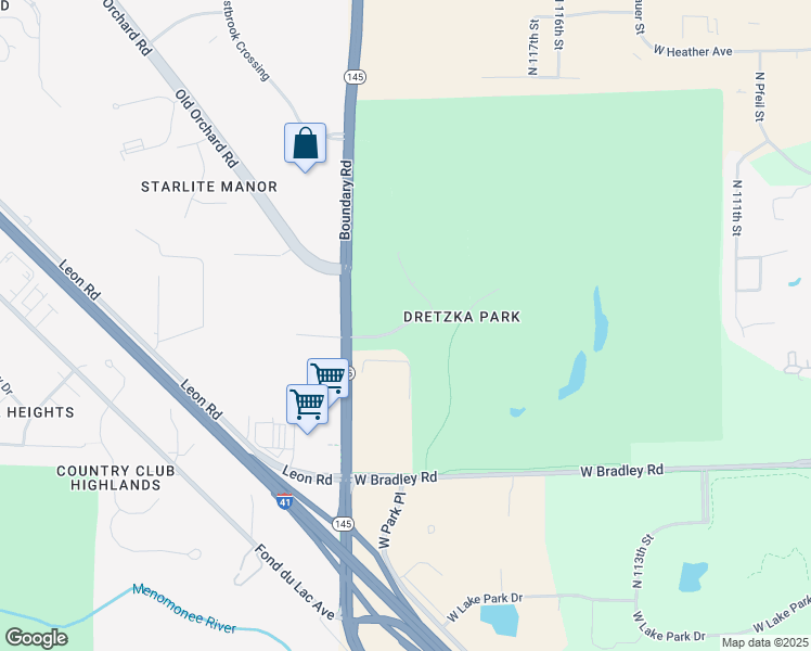 map of restaurants, bars, coffee shops, grocery stores, and more near Dretzka Park Drive in Milwaukee