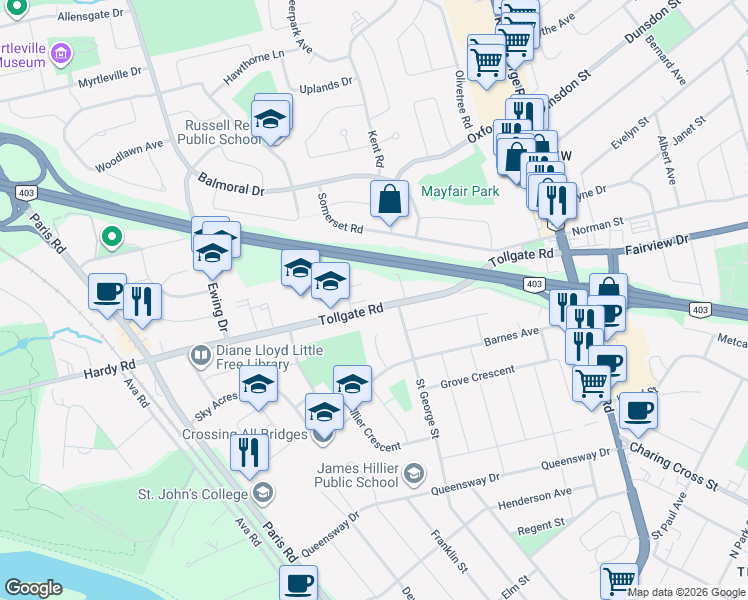 map of restaurants, bars, coffee shops, grocery stores, and more near 86 Tollgate Road in Brantford
