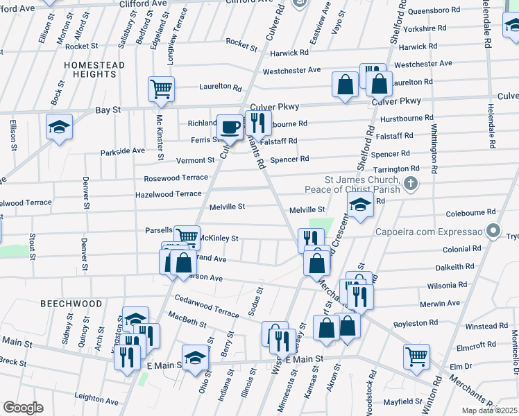 map of restaurants, bars, coffee shops, grocery stores, and more near 665 Melville Street in Rochester