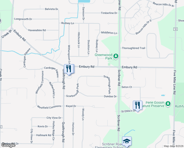 map of restaurants, bars, coffee shops, grocery stores, and more near 32 Scarborough Park in Rochester