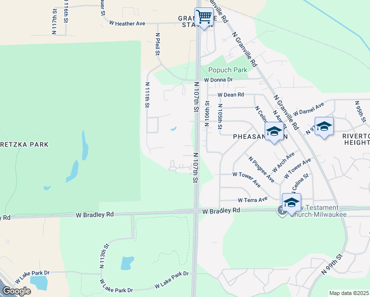 map of restaurants, bars, coffee shops, grocery stores, and more near 8215 North 107th Street in Milwaukee