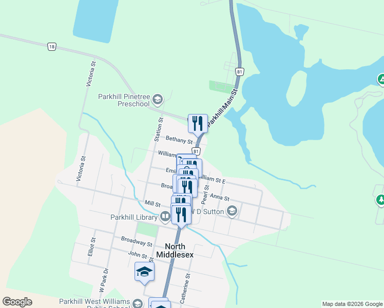 map of restaurants, bars, coffee shops, grocery stores, and more near 293 Parkhill Main Street in North Middlesex