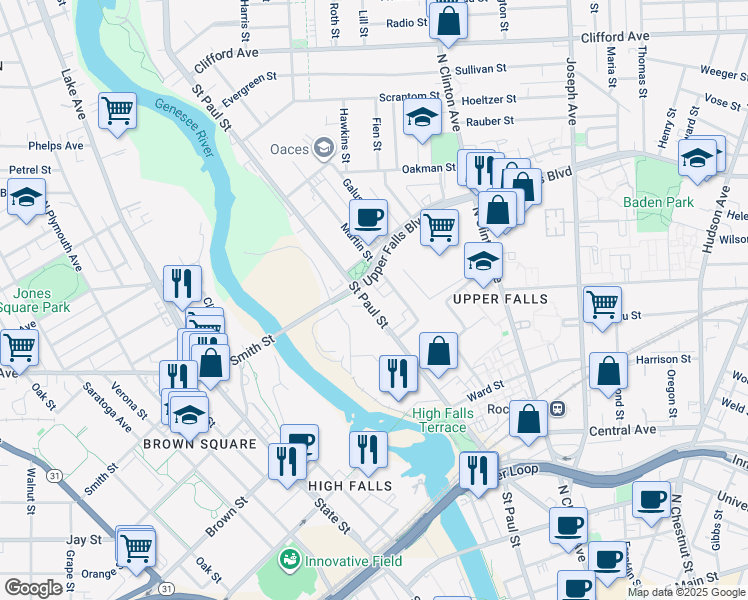 map of restaurants, bars, coffee shops, grocery stores, and more near 576 Saint Paul Street in Rochester