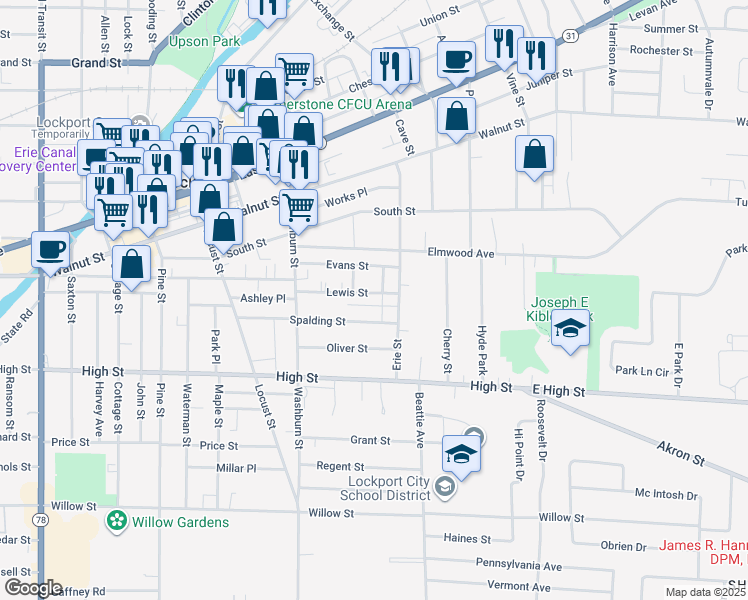 map of restaurants, bars, coffee shops, grocery stores, and more near 88 Lewis St in Lockport