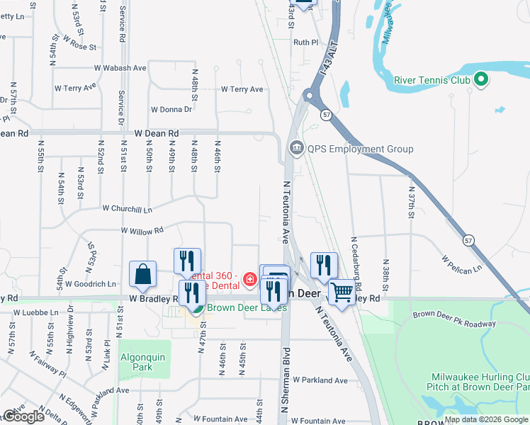map of restaurants, bars, coffee shops, grocery stores, and more near 8200 North 44th Street in Brown Deer