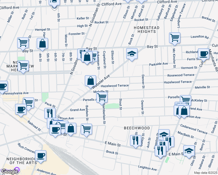 map of restaurants, bars, coffee shops, grocery stores, and more near 61 Hazelwood Terrace in Rochester