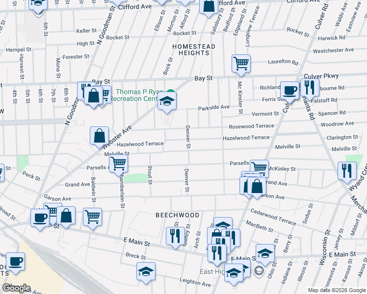 map of restaurants, bars, coffee shops, grocery stores, and more near 290 Melville Street in Rochester