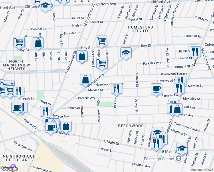 map of restaurants, bars, coffee shops, grocery stores, and more near 81 Hazelwood Terrace in Rochester