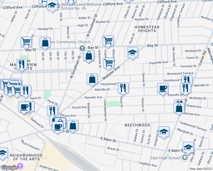 map of restaurants, bars, coffee shops, grocery stores, and more near 33 Hazelwood Terrace in Rochester