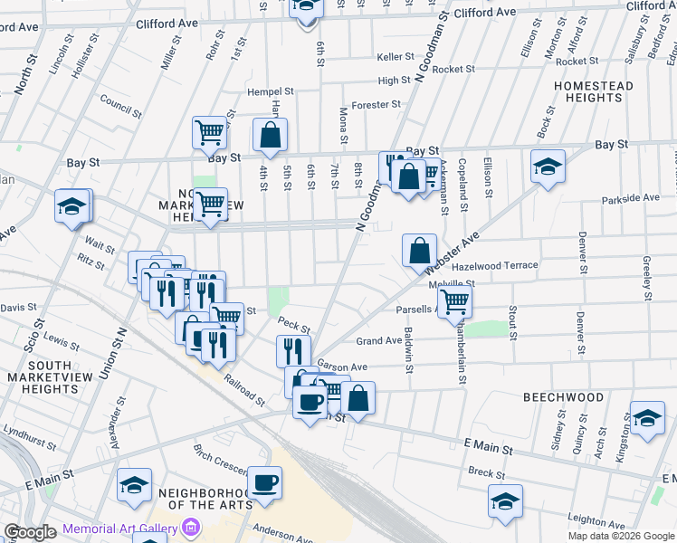 map of restaurants, bars, coffee shops, grocery stores, and more near 29 Short Street in Rochester