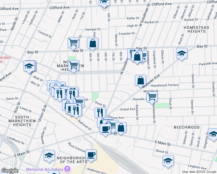 map of restaurants, bars, coffee shops, grocery stores, and more near 29 Short Street in Rochester