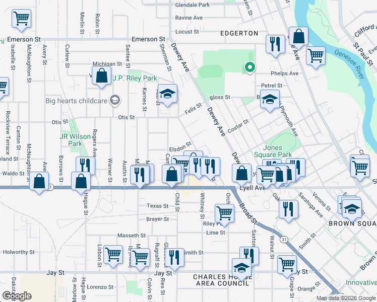 map of restaurants, bars, coffee shops, grocery stores, and more near 7 Elsdon Street in Rochester