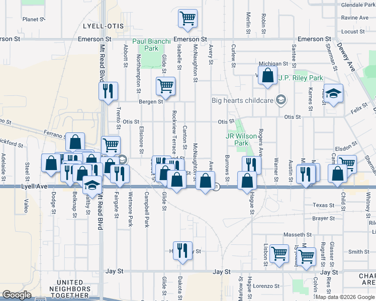 map of restaurants, bars, coffee shops, grocery stores, and more near 70 Canton Street in Rochester