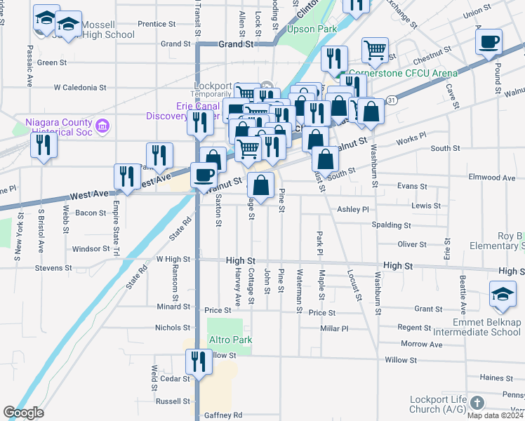 map of restaurants, bars, coffee shops, grocery stores, and more near 108 Grange Street in Lockport