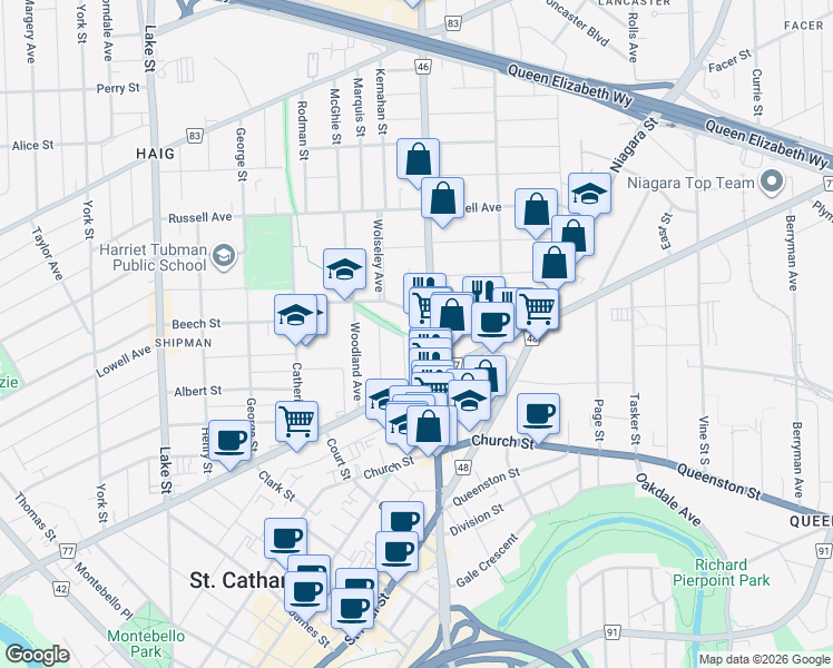 map of restaurants, bars, coffee shops, grocery stores, and more near in St. Catharines