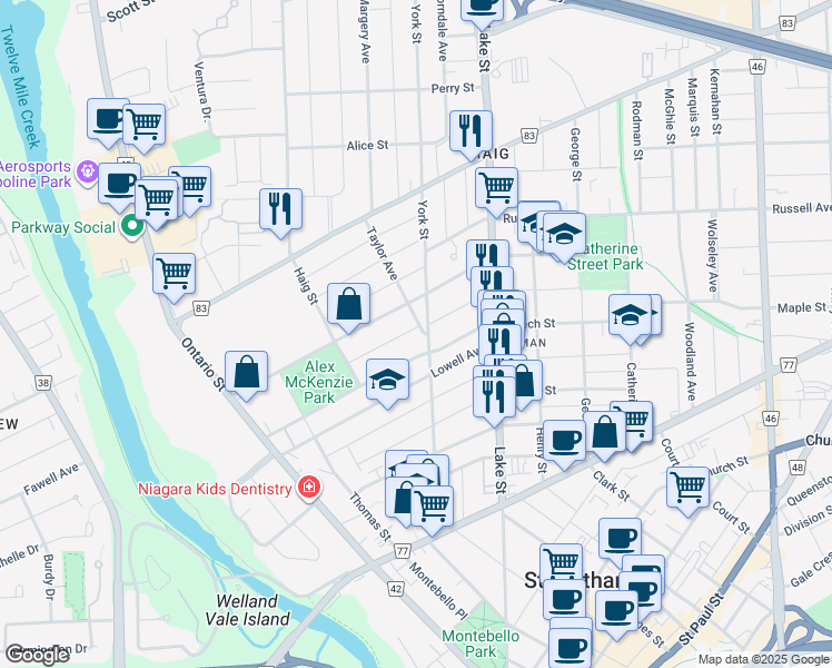 map of restaurants, bars, coffee shops, grocery stores, and more near 5 Taylor Avenue in St. Catharines