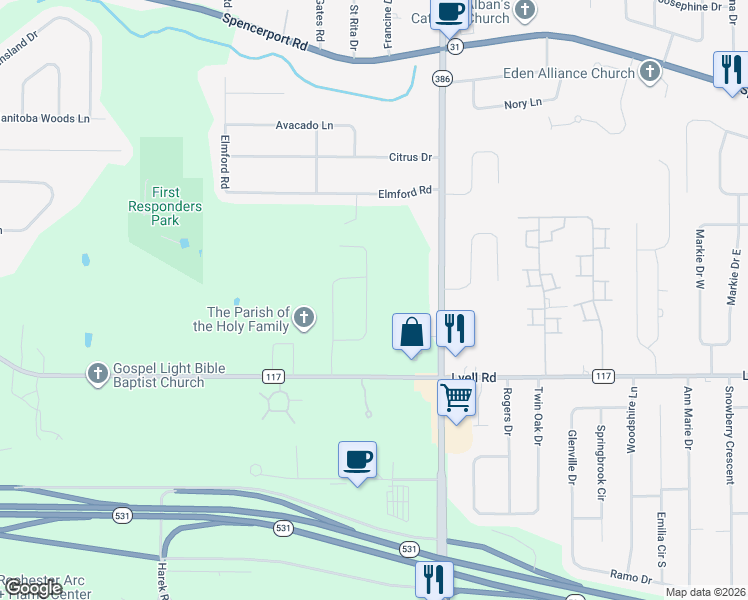map of restaurants, bars, coffee shops, grocery stores, and more near 44 Timber Creek Trail in Rochester