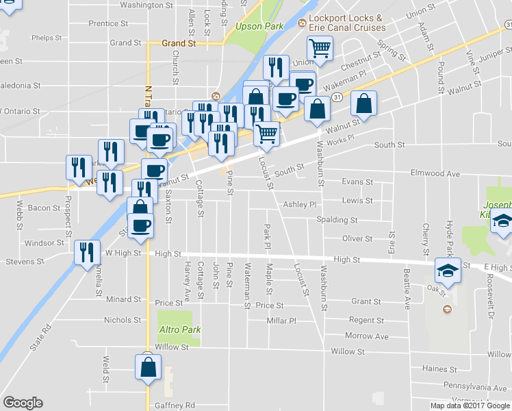 map of restaurants, bars, coffee shops, grocery stores, and more near 35 Orchard Street in Lockport