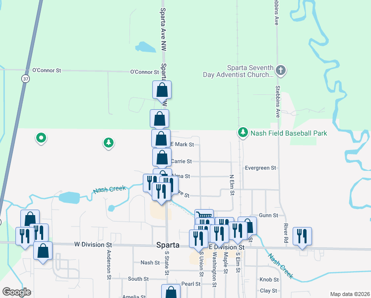 map of restaurants, bars, coffee shops, grocery stores, and more near 70 E Mark St in Sparta