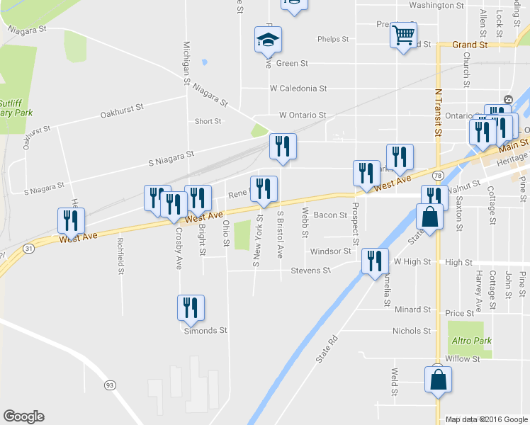 map of restaurants, bars, coffee shops, grocery stores, and more near 319 West Avenue in Lockport