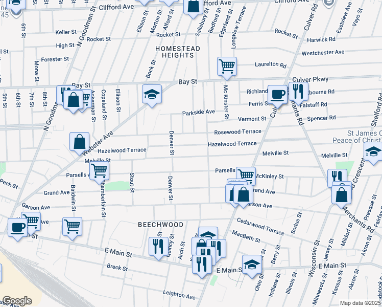 map of restaurants, bars, coffee shops, grocery stores, and more near 342 Melville Street in Rochester