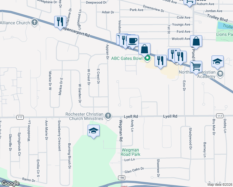 map of restaurants, bars, coffee shops, grocery stores, and more near 43 Winter Hazel Ct in Rochester