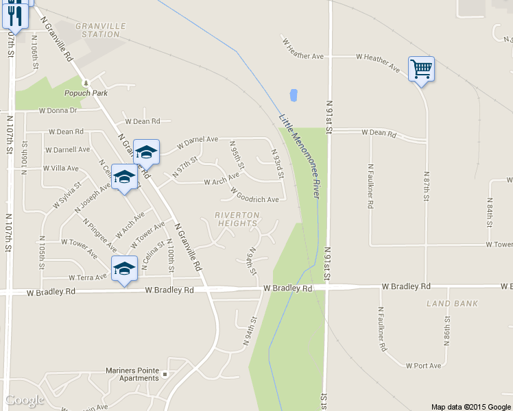 map of restaurants, bars, coffee shops, grocery stores, and more near 9415 West Goodrich Avenue in Milwaukee