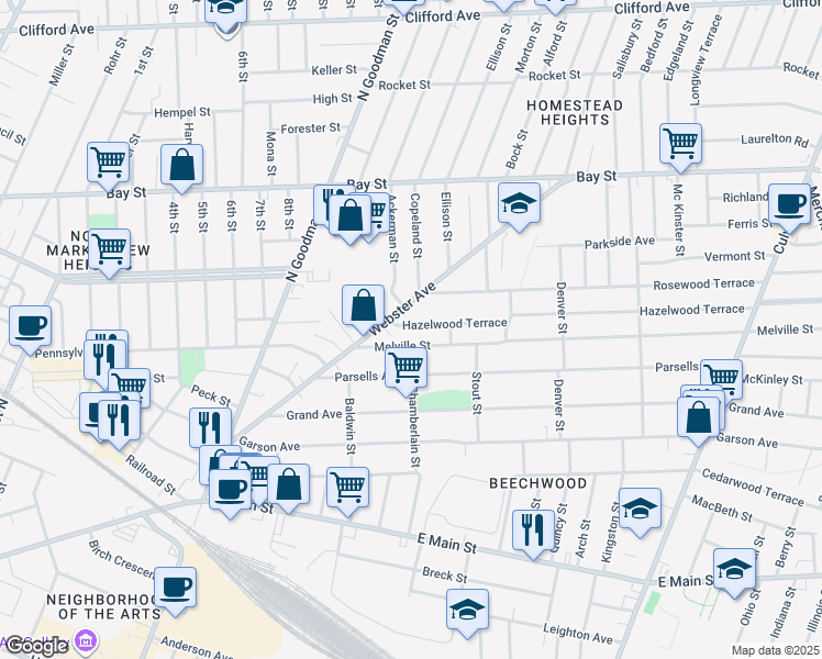 map of restaurants, bars, coffee shops, grocery stores, and more near 33 Hazelwood Terrace in Rochester