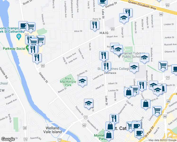 map of restaurants, bars, coffee shops, grocery stores, and more near 5 Taylor Avenue in St. Catharines