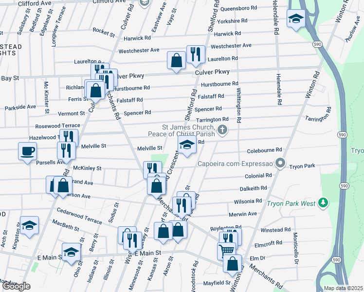 map of restaurants, bars, coffee shops, grocery stores, and more near 5 Brett Road in Irondequoit