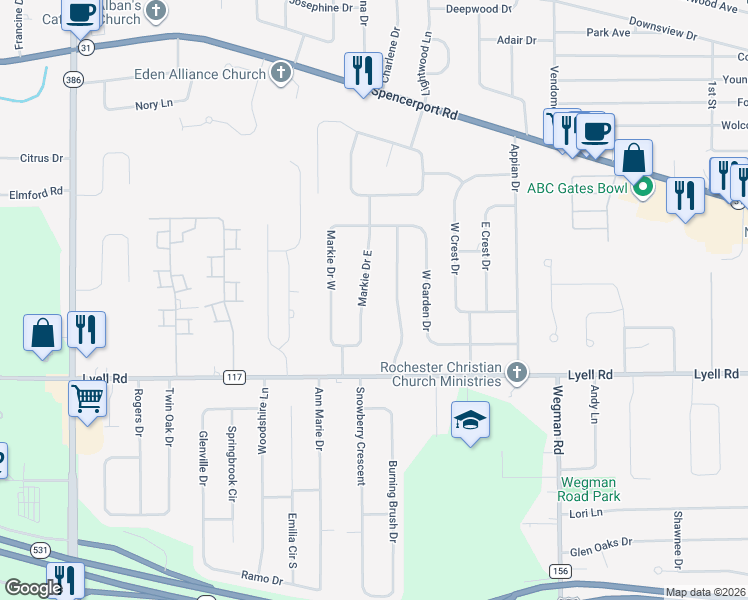 map of restaurants, bars, coffee shops, grocery stores, and more near 38 Markie Drive West in Rochester