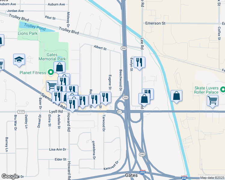 map of restaurants, bars, coffee shops, grocery stores, and more near 200 Eugene Street in Rochester