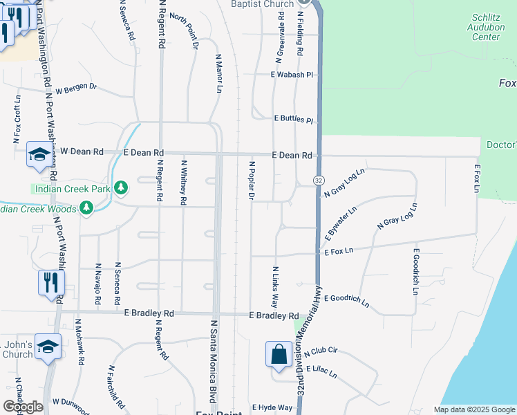 map of restaurants, bars, coffee shops, grocery stores, and more near 8225 North Poplar Drive in Fox Point