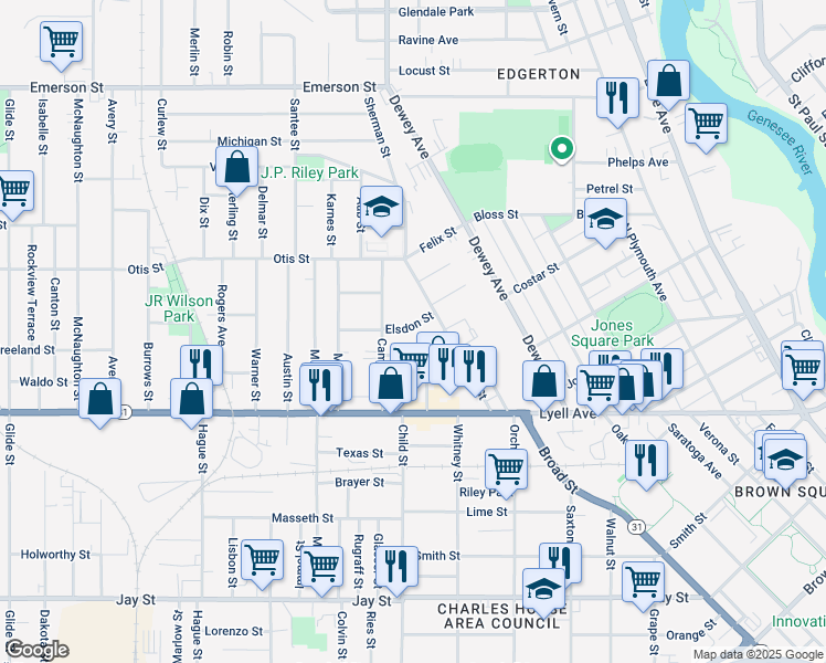 map of restaurants, bars, coffee shops, grocery stores, and more near 7 Elsdon Street in Rochester