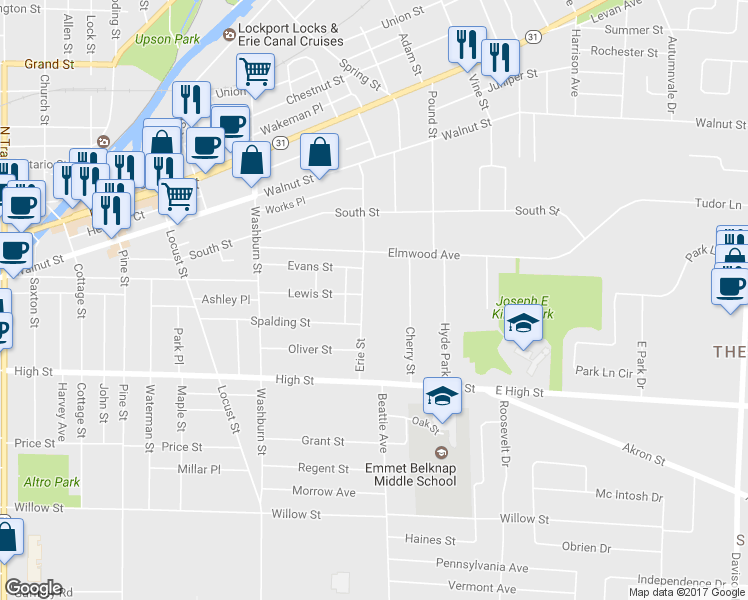 map of restaurants, bars, coffee shops, grocery stores, and more near 152 Erie Street in Lockport