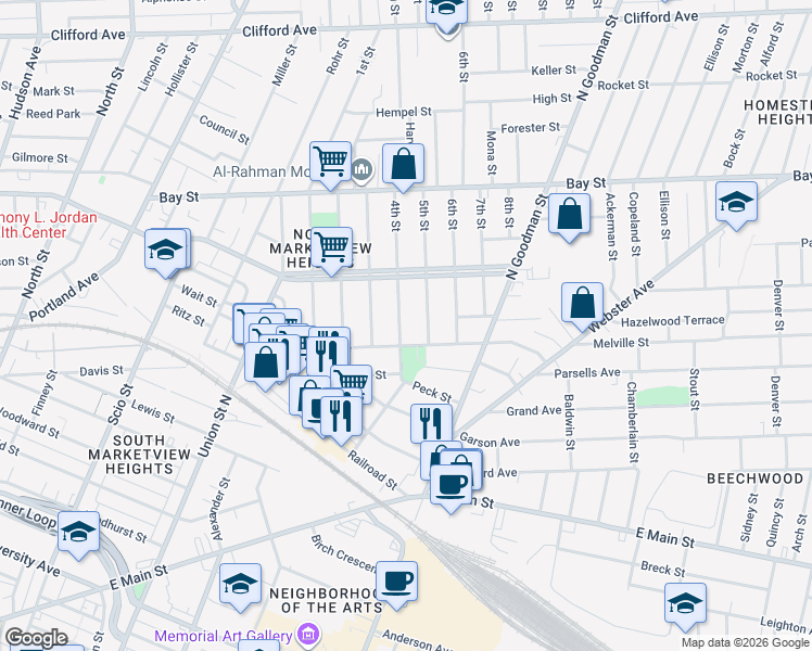 map of restaurants, bars, coffee shops, grocery stores, and more near 202 4th Street in Rochester