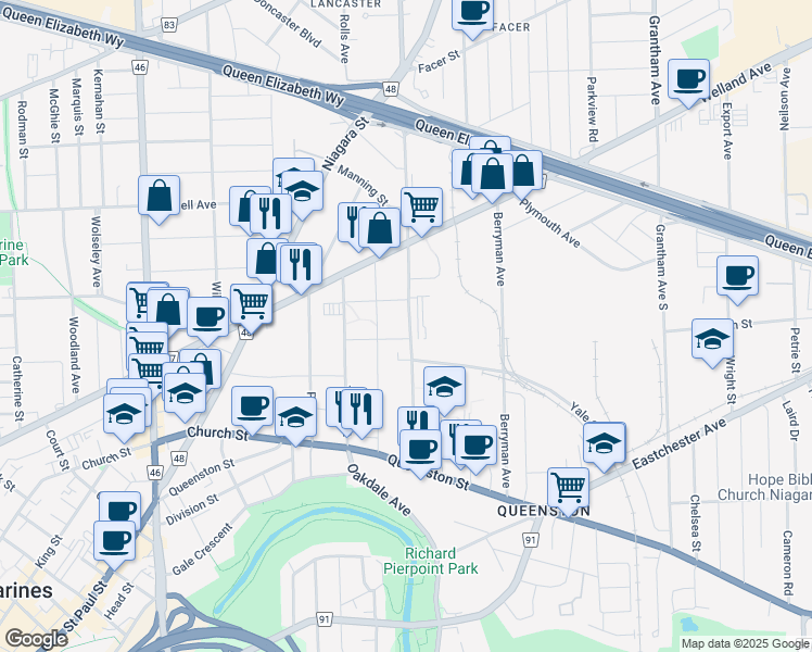map of restaurants, bars, coffee shops, grocery stores, and more near 85 Vine Street South in St. Catharines