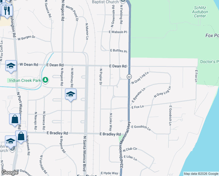 map of restaurants, bars, coffee shops, grocery stores, and more near 881 East Spooner Road in Fox Point