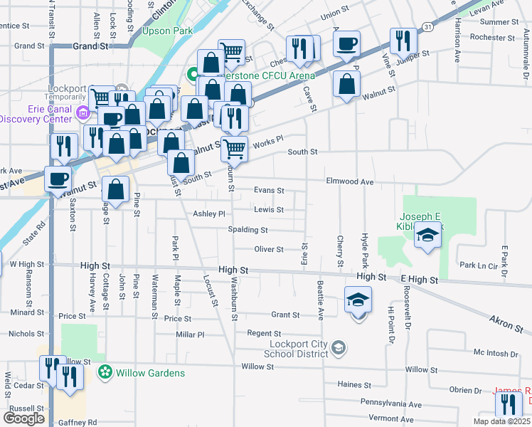 map of restaurants, bars, coffee shops, grocery stores, and more near 50 Lewis Street in Lockport