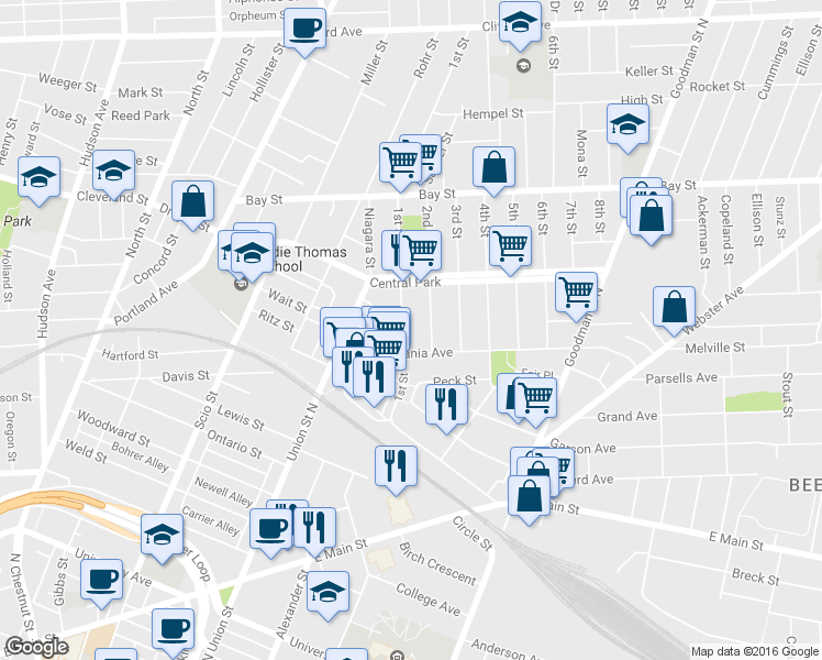 map of restaurants, bars, coffee shops, grocery stores, and more near 30 1st Street in Rochester