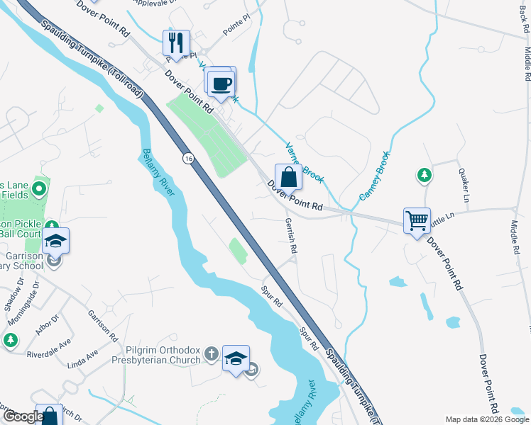 map of restaurants, bars, coffee shops, grocery stores, and more near 7 Old Colony Road in Dover