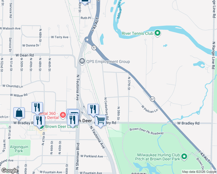 map of restaurants, bars, coffee shops, grocery stores, and more near 8218 North Cedarburg Road in Brown Deer
