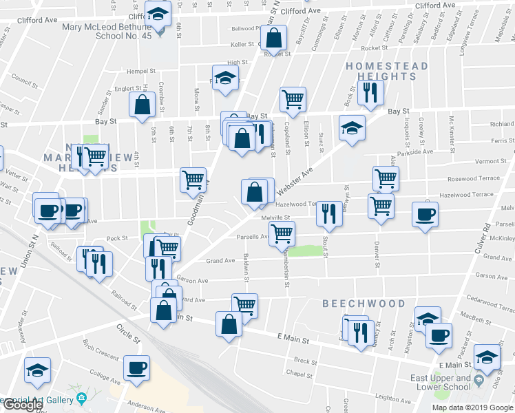 map of restaurants, bars, coffee shops, grocery stores, and more near 259 Webster Avenue in Rochester